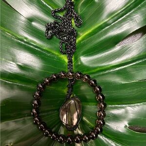 SMOKEY QUARTZ wire wrapped chunky pendant & bracelet set ARTISAN MADE